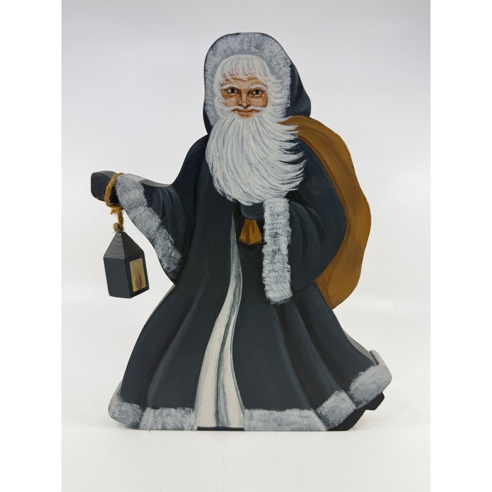 Hand Painted Wooden Father Christmas Santa Figure with Lantern Folk Art Decor